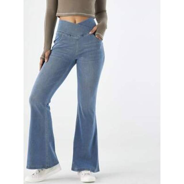SHEIN Bell Bottom Jeans For Women High Waisted Stretchy Flare Jeans Pull On Wide Leg Jeans V Cross Tummy Control Flare Pants