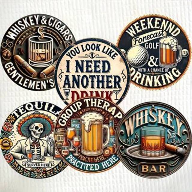 SHEIN 6pcs Vintage Beer Themed Coaster Set - Wooden, Anti-Slip Drink Coasters, Suitable For Home And Office Decor, Great For Coffee, Tea And Holiday Celebra