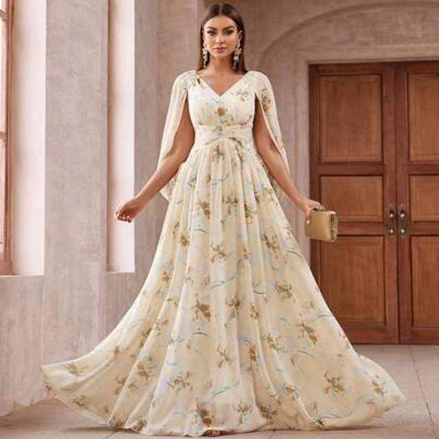 SHEIN Women&#39;s Elegant Floral All-Over Print Empire Waist Capelet Sleeve Maxi Bridesmaid Dress