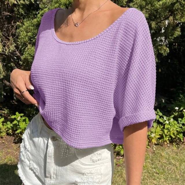 SHEIN Women&#39;s Solid Color Bat-Wing Sleeve Semi-Sheer Oblique Shoulder Knit T-Shirt