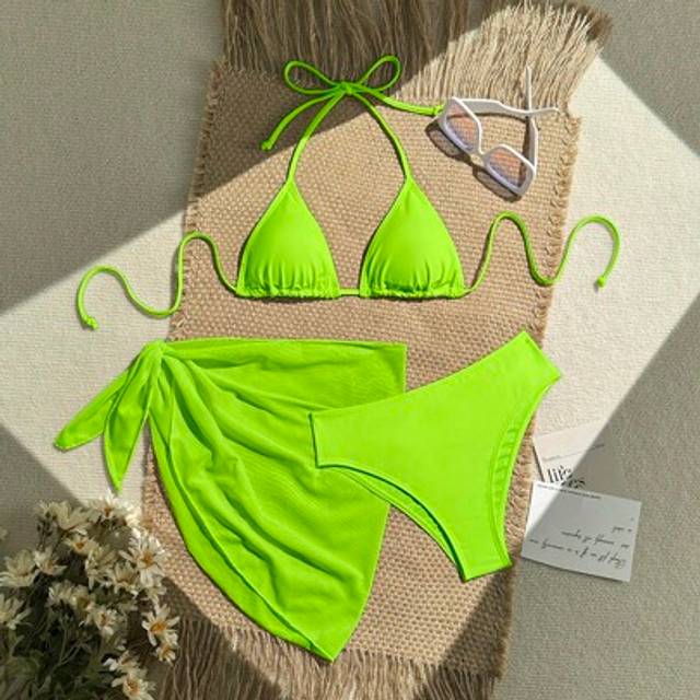 SHEIN 3pcs/Set Women&#39;s Neon Green Halter Tie Sexy Bikini Swimsuit With Skirt, Summer Beach Floral Print