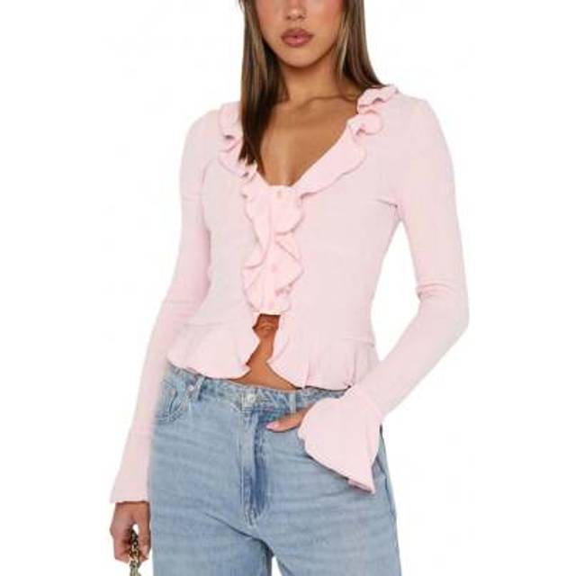 SHEIN Women Long Sleeve Crop Tops Button Front Ruffle Cardigan Fitted Shirt For Club Streetwear Aesthetic Clothes