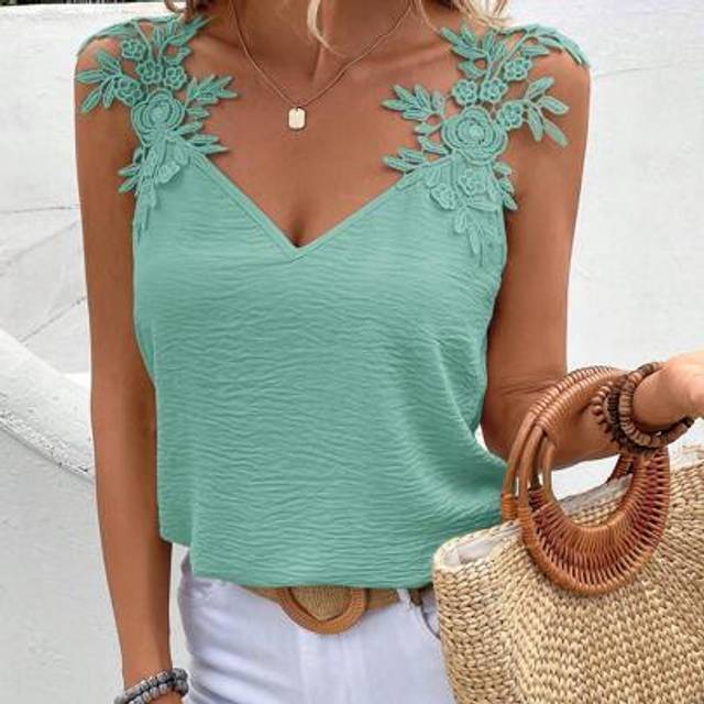 SHEIN Guipure Lace Black Grain Panel Tank Top