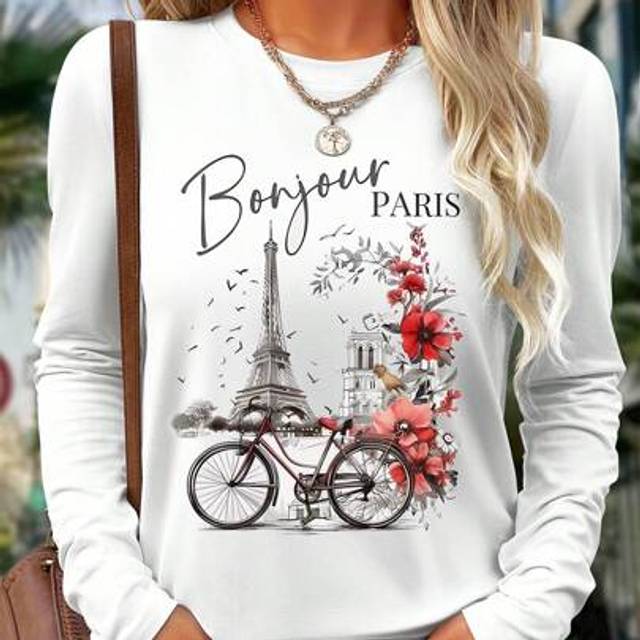 SHEIN Women&#39;s Romantic Paris Print Casual Comfortable Long Sleeve T-Shirt, Versatile For Home Or Street Wear, Chic Spring/Summer