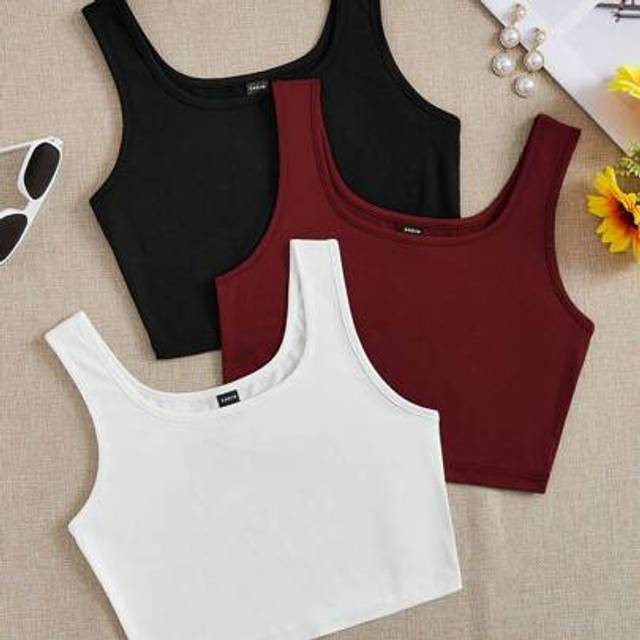 SHEIN 3pcs Women&#39;s Short Tight Fitting Casual Basic Crop Tank Tops In Black, White And Gray, Suitable For Summer