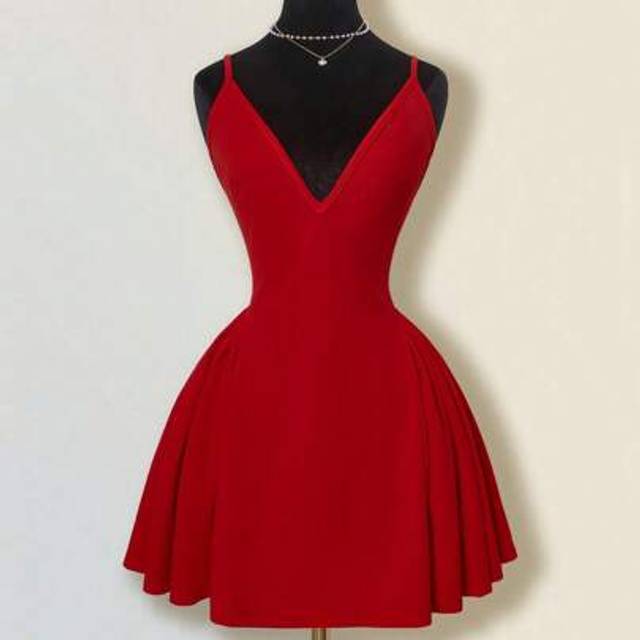 SHEIN Pure Red Mini A-Line Puffy Deep V-Neck Sexy Elegant Waist Backless Ruched Cocktail Dress For Date Night/ Party,Summer Dresses For Women