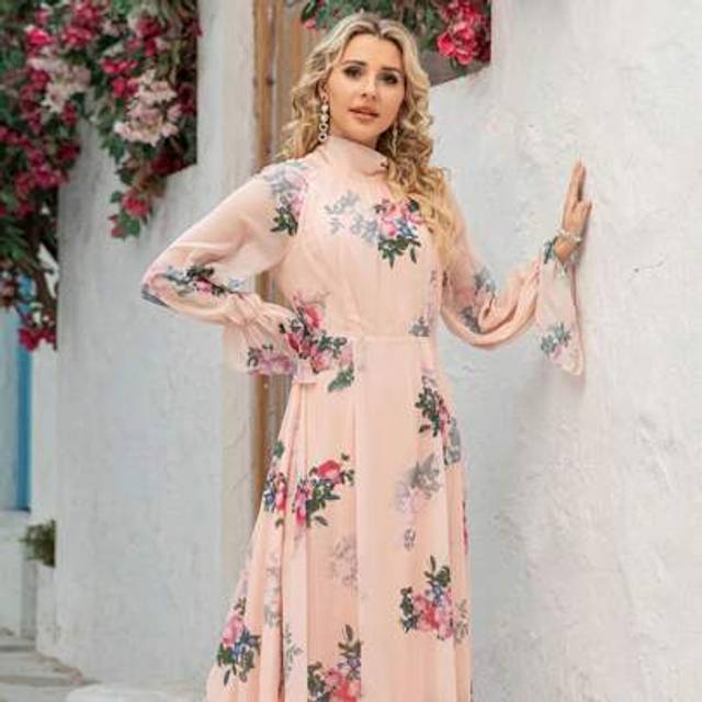 SHEIN Women Vintage Floral Dress, New Long-Sleeved Printed Dresses Flowy Long Dress, Party Dress, Wedding Guest Dress, For Cocktail