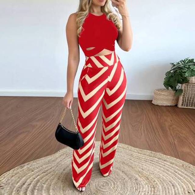 SHEIN Elegant Fitted Criss-Cross Back Tank Top And Straight Geometric Print Pants - 2 Pieces Outfit For Women