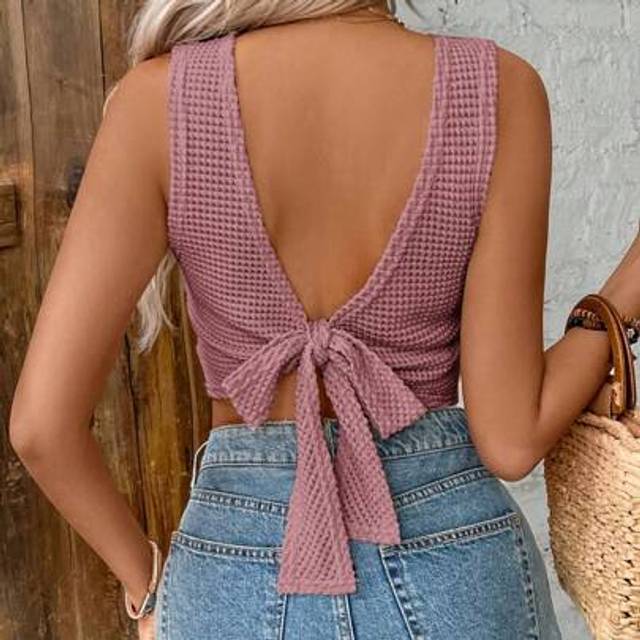 SHEIN Women Vacation Solid Color Backless Twist Hem Crop Tank Top