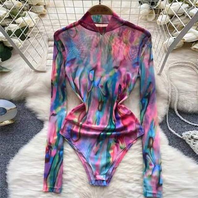 Calvaya Mesh Tie Dye Printed Bodycon Bodysuit