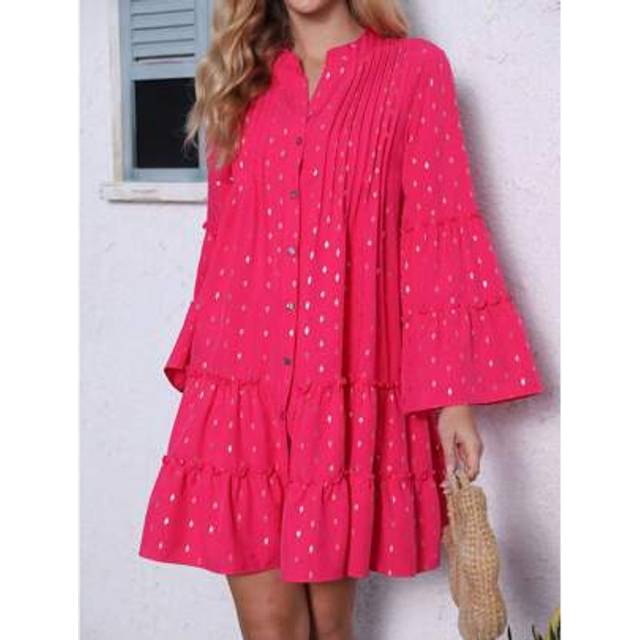 SHEIN Women Long Flare Sleeve Tiered Tunic Dress Loose Gold Dot Print Button-Up Shirt Dress Casual Loose Short Dress