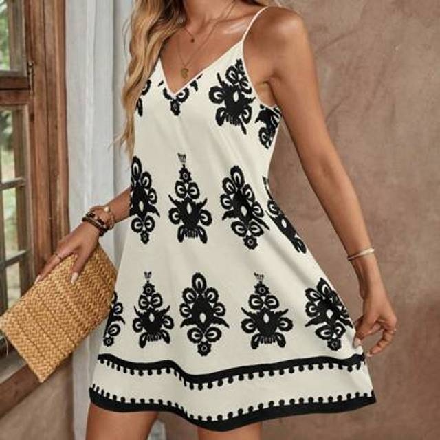 Luneh Spring Retro Printed Blue Slip Dress For Women, Mini,Bohemia,Summer Dresses For Women