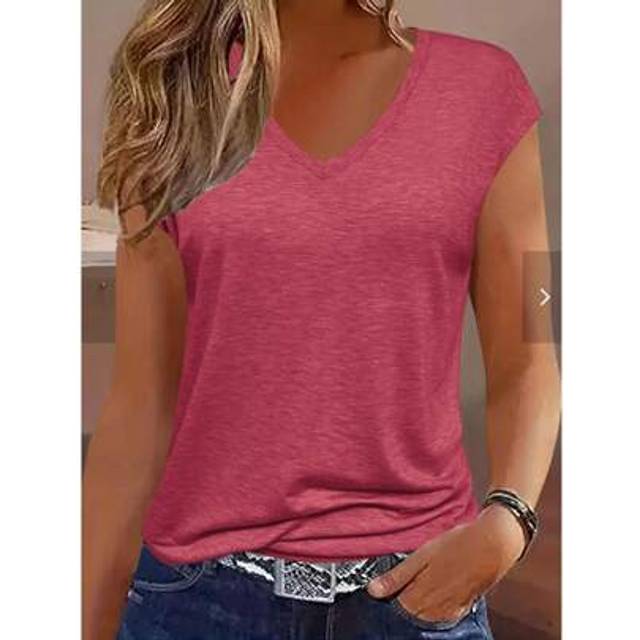 SHEIN Women V-Neck Cap Sleeve Casual Versatile T-Shirt, Solid Color
