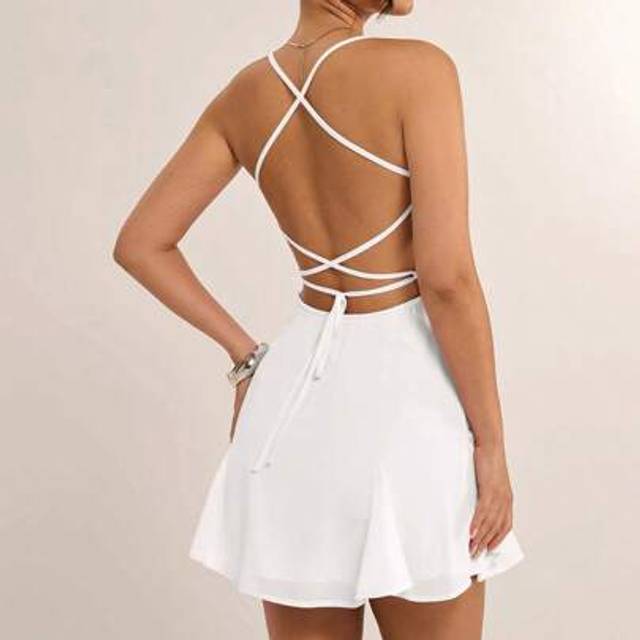 SHEIN Summer Beach Vacation Solid Light Pink Swing Collar Ruffle Backless Cross Strap Mini Dress, Suitable For Daily Dating, Night Out, Nightclubs, Parties,
