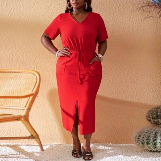 Slaydiva Basic Casual V-Neck Short Sleeve Tie-Waist Slit Hem Dress For Plus Size Women, Red, Spring/Summer