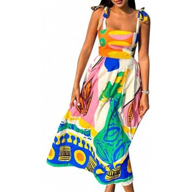 SHEIN Women&#39;s Flowy Bohemia Dress Sleeveless Tie Shoulder Strap Square Neck Long Dress For Summer Beach