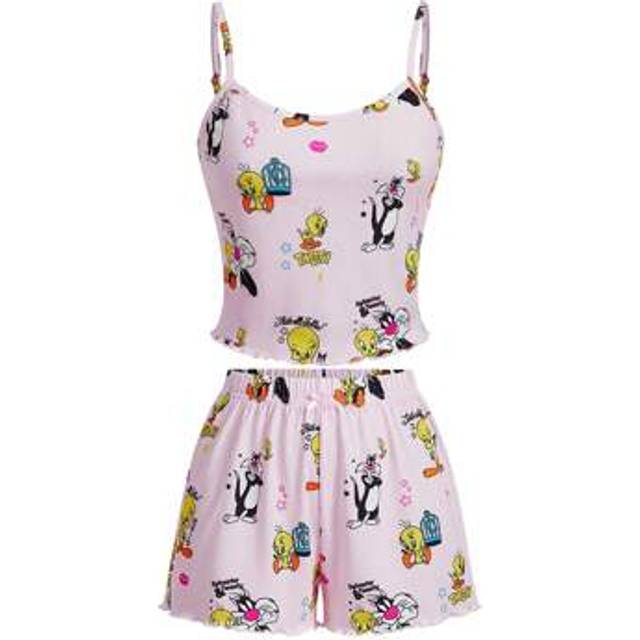 SHEIN Women Pink Cute Tweety & Sylvester Cartoon Print Cami Top And Shorts Pajama Sets, Summer Sets For Women Women Pajamas Family Women Sleepwear Two Piece