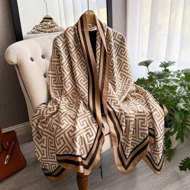 SHEIN 1pc Elegant Beach Accessories Geometric Print Silk Feel Scarf, Women Fashion Versatile Wrap Shawl For Beach, Sunshade, All Occasions