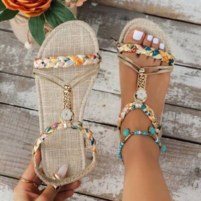 WRCVS Women&#39;s Gold Sandals, Summer Flat Sandals, Vintage Handcrafted Beaded Woven Strap Casual Comfort Flat Sandals, Lightweight Beach/Holiday/Outdoor Weari