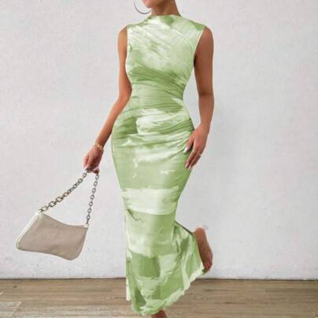 Calvaya Tie Dye Mock Neck Mesh Bodycon Dress Maxi Women Outfit