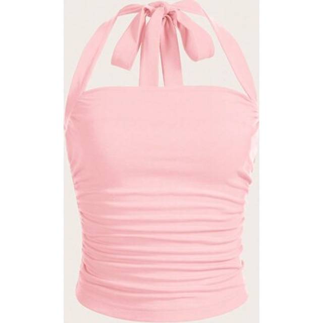 SHEIN Plus Size Women Pleated Halter Neck Summer Vacation Light Pink Tank Top