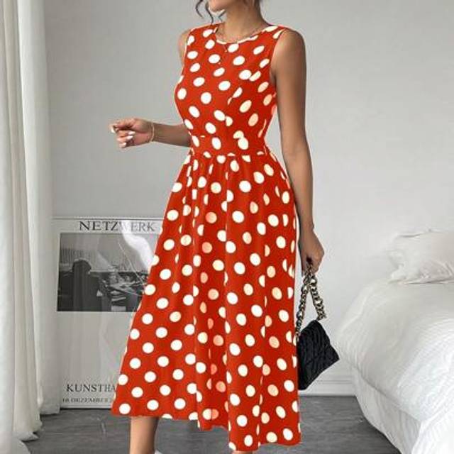 Calvaya 1 Pc Women Sleeveless Slim Waist Polka Dot A-Line Dress, Black Work Office Dress Maxi Women Outfit