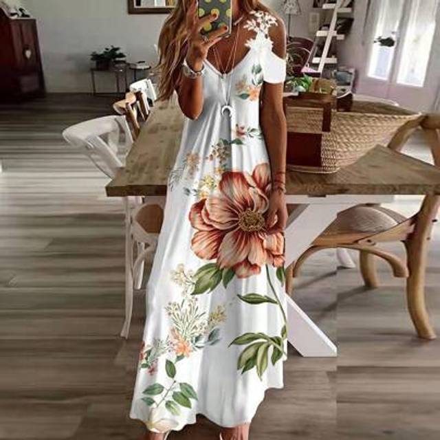 SHEIN Womens Lace V Neck Cold Shoulder Maxi Dress Ladies Summer Floral Boho Long Sundress Holiday Beach