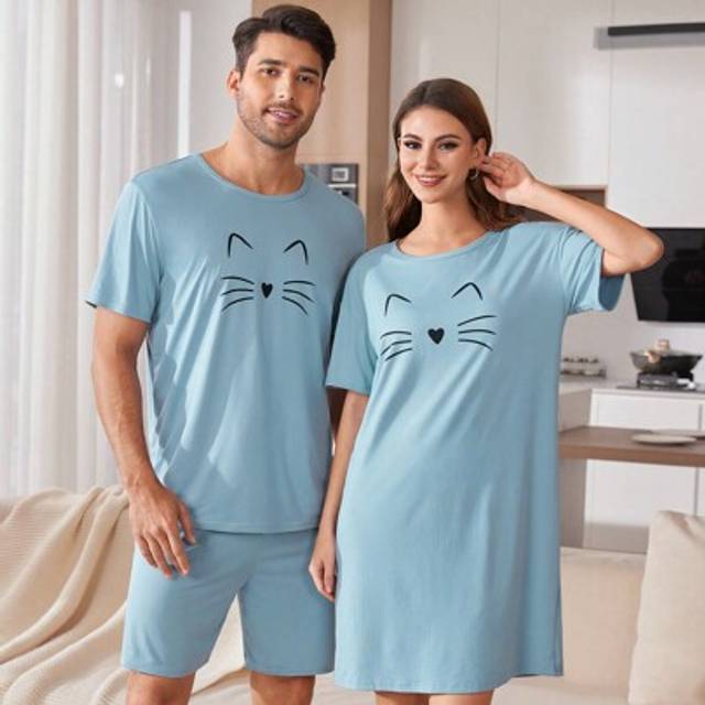 SHEIN Cartoon Cat Sketch Print Short Sleeve Shirt And Shorts Men&#39;s Pajamas Set