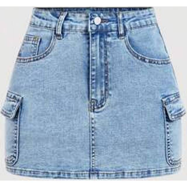 SHEIN Women&#39;s Autumn/Winter Cargo Pockets Thermal Lined Casual Denim Mini Skirt