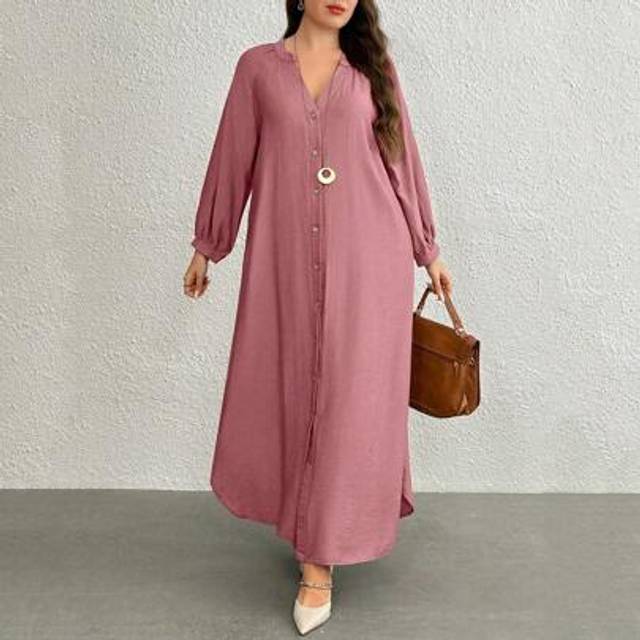 SHEIN Plus Size Solid Color V-Neck Front Button Casual Long Sleeve Dress Maxi Women Outfit