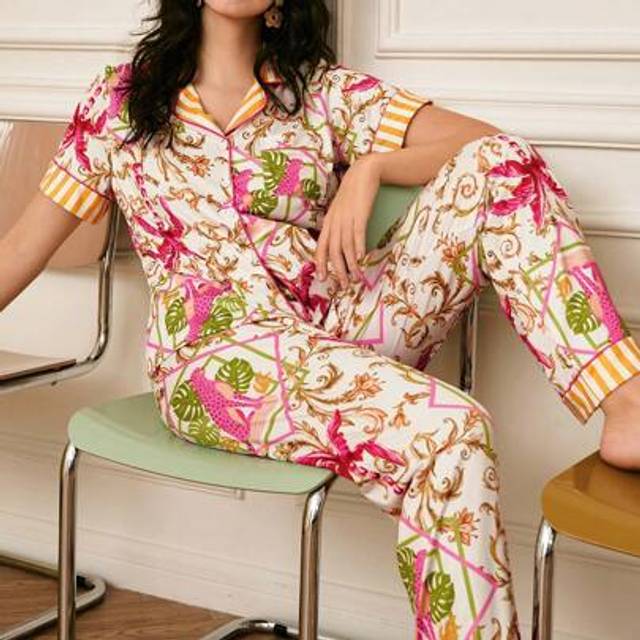 SHEIN Vacation Style Plant & Leopard Print Button-Up Women Pajama Set Holidayseason