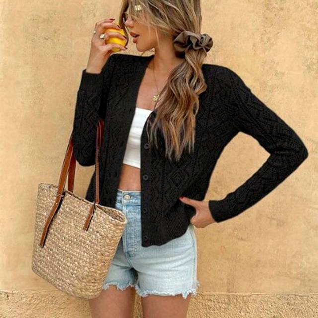 Calvaya Women Casual Solid Color Crew Neck Long Sleeve Hollow Lightweight Cardigan