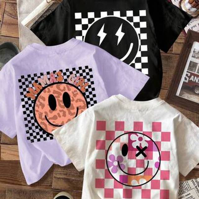 SHEIN Young Girl Casual Minimalist Cartoon Print Multi-Pack T-Shirts, Suitable For Summer