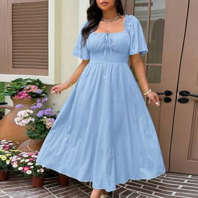 Solflare Plus Size Navy Blue Long Sleeve Dress, Summer Vacation Style,Flowy Dress,Sun Dresses For Women