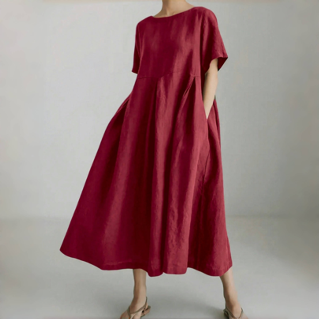 SHEIN Women&#39;s Elegant Simple Loose Comfortable Linen Dress, Short Sleeve, Pocket, Round Neck, Solid Color, Long Maxi Linen Dress, Spring/Summer