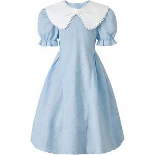 SHEIN Tween Girl&#39; Dress, Elegant Casual Holiday Dress, With Peter Pan Collar, Puff Sleeves, Ruffle Hem, Bow Detail, In Blue Color, Suitable For Spring/Summe