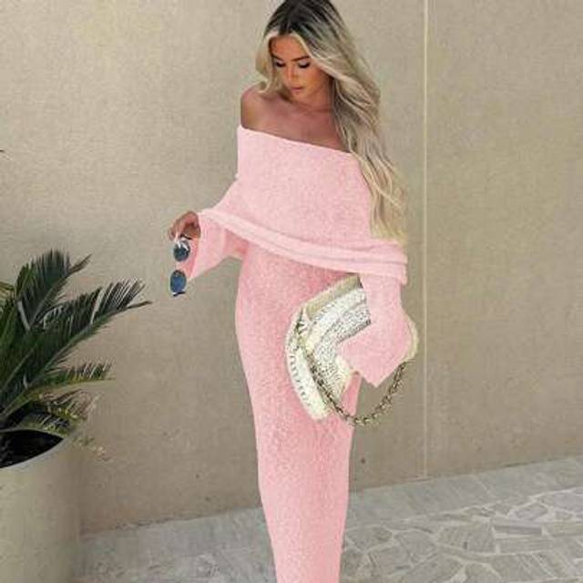 SHEIN Sexy Beach Holiday Dress Vacation Outfits Women Fashion Sexy Street Style Plain Semi-Sheer One-Line Neck Long Sleeve Long Women&#39;s Sweater White Dresse