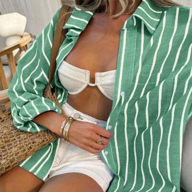 INAWLY Plus Size Women&#39;s Striped Long Sleeve Shirt, Fashionable For Summer