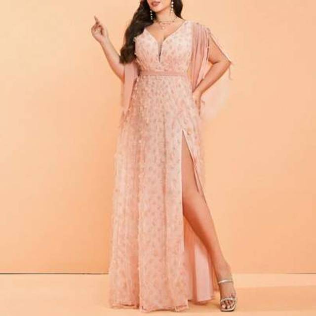 SHEIN Plus Size Mgiacy V-Neck Three-Dimensional Embroidered Lace Pearl Chiffon Strappy Sleeve High-End Graduation Dress, Party Dress, Prom Dress