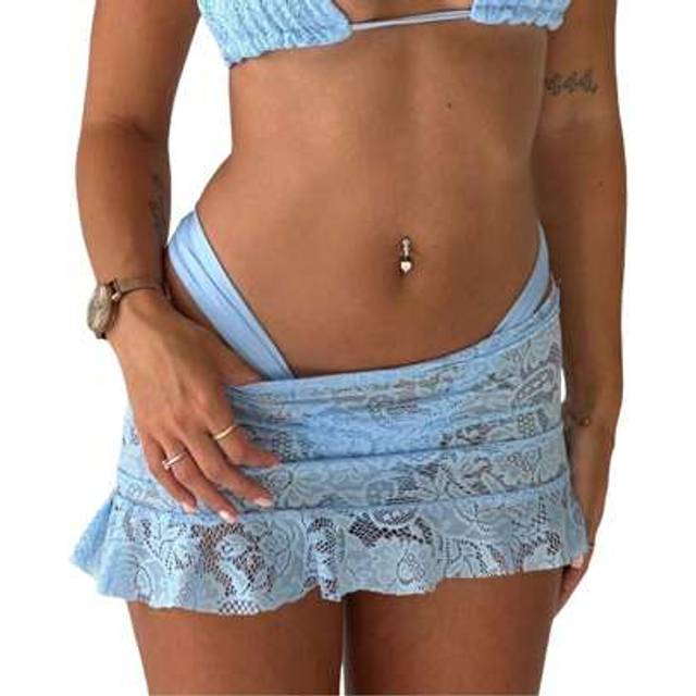 SHEIN Women&#39;s Lace Mini Skirts Casual Low Waist Solid Color See Through Ruffle Skirts Bikini Coverup Skirts