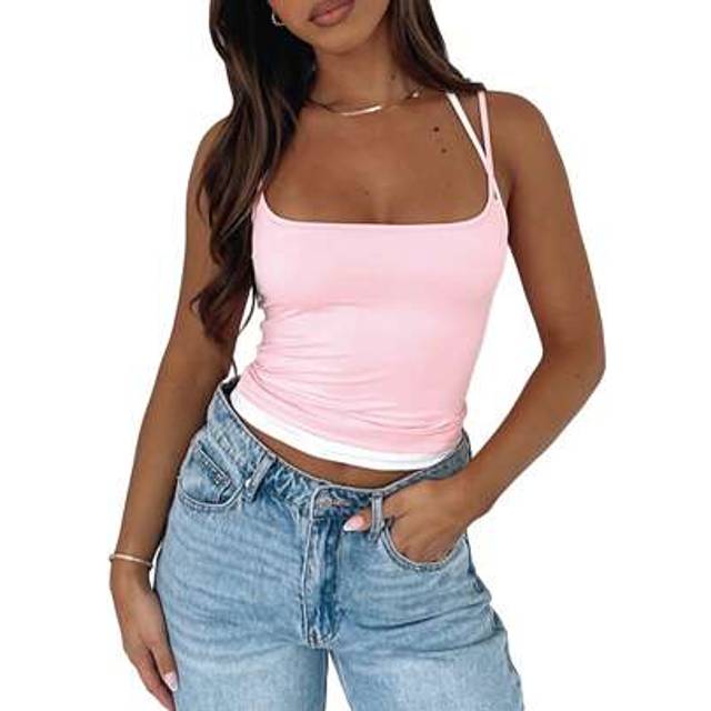 SHEIN Women&#39;s Summer Casual Sleeveless Square Neck Contrast Double Lined Going Out Camisole Crop Tank Tops