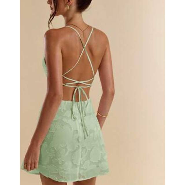 SHEIN Women Tight-Fitting Knitted Mini Dress With Backless Tie Strap Design, Solid Pink Color, Spring/Summer,Mint Green Dress,Bohemian Clothes