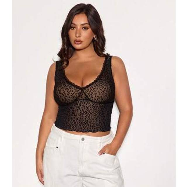 SHEIN Plus Size Women High Street Black Flocked Leopard Mesh Semi-Sheer Crop Top, Bodycon, Fitted, Y2K, Baddie Style, Suitable For Everyday Wear, Outings, D