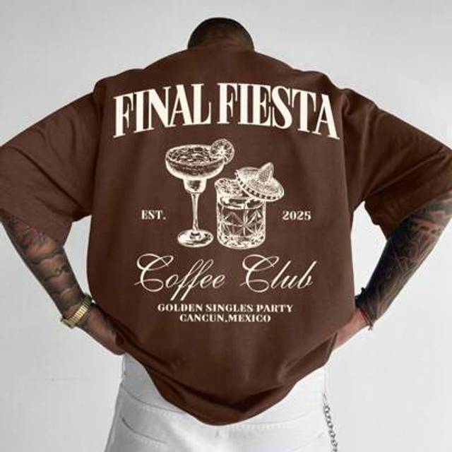 SHEIN Men&#39;s Simple Coffee Wine Glass Print Round Neck Short Sleeve T-Shirt, Coffee Colored, Summer