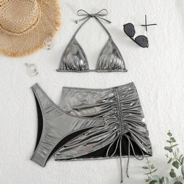 SHEIN Summer Beach Metallic Halter Triangle Bikini Set With Beach Skirt