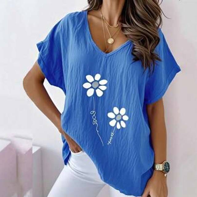 SHEIN Plus Size Women&#39;s Clothing Printed V-Neck Comfortable Washed Wrinkled Linen Fabric Casual Short Sleeve T-Shirt
