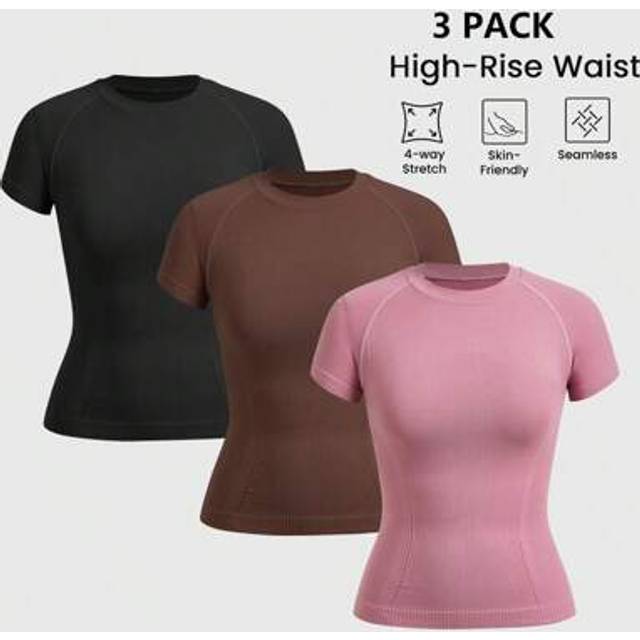 SHEIN 3pcs Solid Color Round Neck Skin-Tight Short Sleeve Sports T-Shirt, Seamless, Suitable For Summer Workout Top Women Yoga Shirt