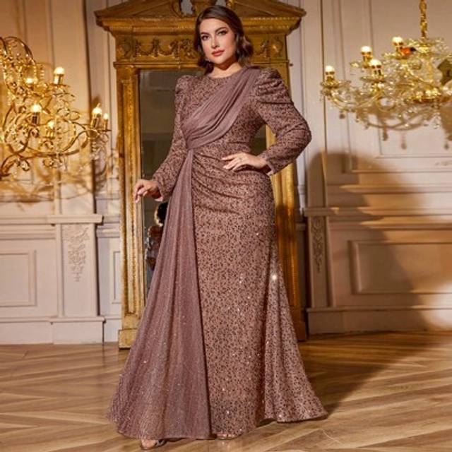 SHEIN Plus Size Women V-Neck Sequin Embellished Bishop Sleeve Ruched Slit Dress, Elegant Evening Gown,Party Dress,Formal,Wedding Guest