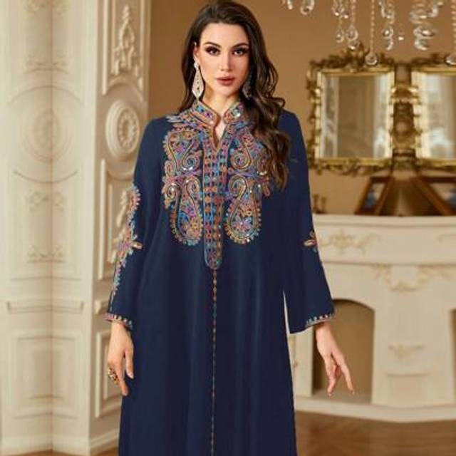 SHEIN Women&#39;s Vintage Inspired Sequins Embroidered V-Neck Loose Long Arabic Style Dress, Spring/Summer, Modest Kaftan