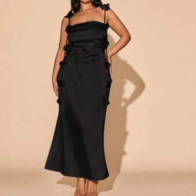 SHEIN Plus Size Women Apricot/Champagne Cowl Neck Satin 3D Floral Long Maxi Dress, Elegant Sexy Backless Dress For Concerts, Vacations, Casual, Business Cas
